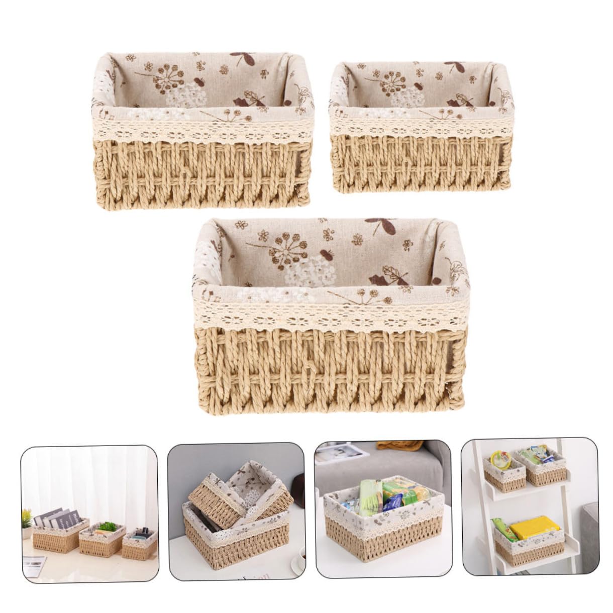 SHINEOFI Scatola Portaoggetti in Rattan e Tessuto Naturale, Cestino Porta Snack e Organizer per Soggiorno, Set da 3 Cestini Compartimentati per Casa e Decorazione Interni