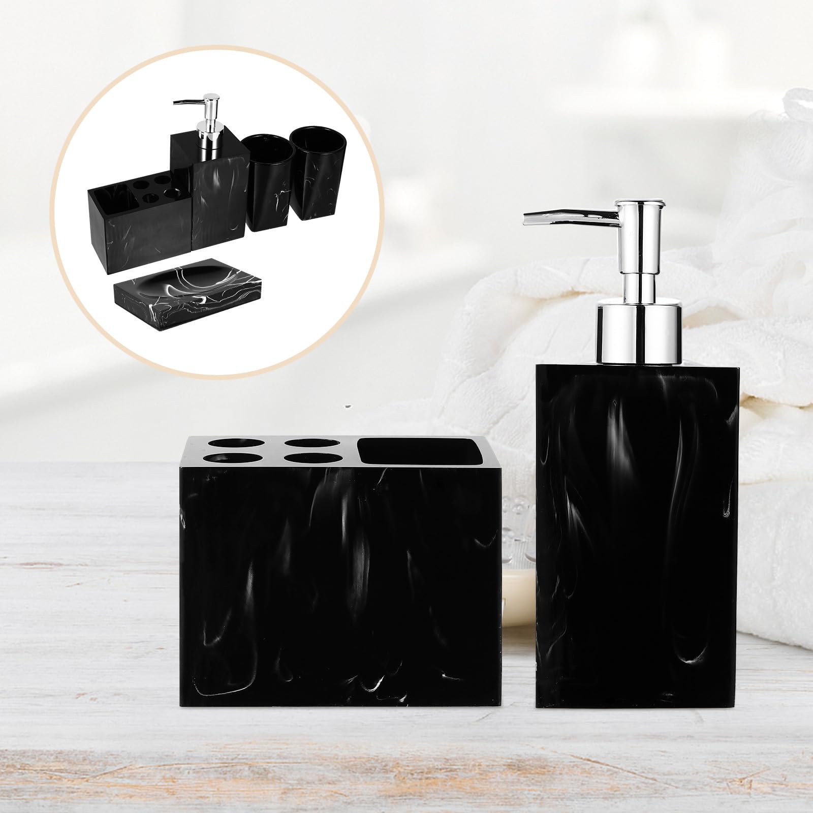 Veemoon Juego de Accesorios de Baño 5 Piezas en Resina Jaspeada Negra Soporte para Cepillos de Dientes Jabonera Vaso para Enjuague Bucal y Botella de Viaje Suministros de Baño Funcionales