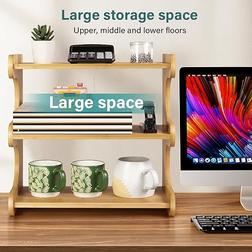 Miniatura 4 de Organizador de escritorio de bambú multifuncional de 3 niveles para mesa de oficina, estante de almacenamiento para cocina, sala de estar