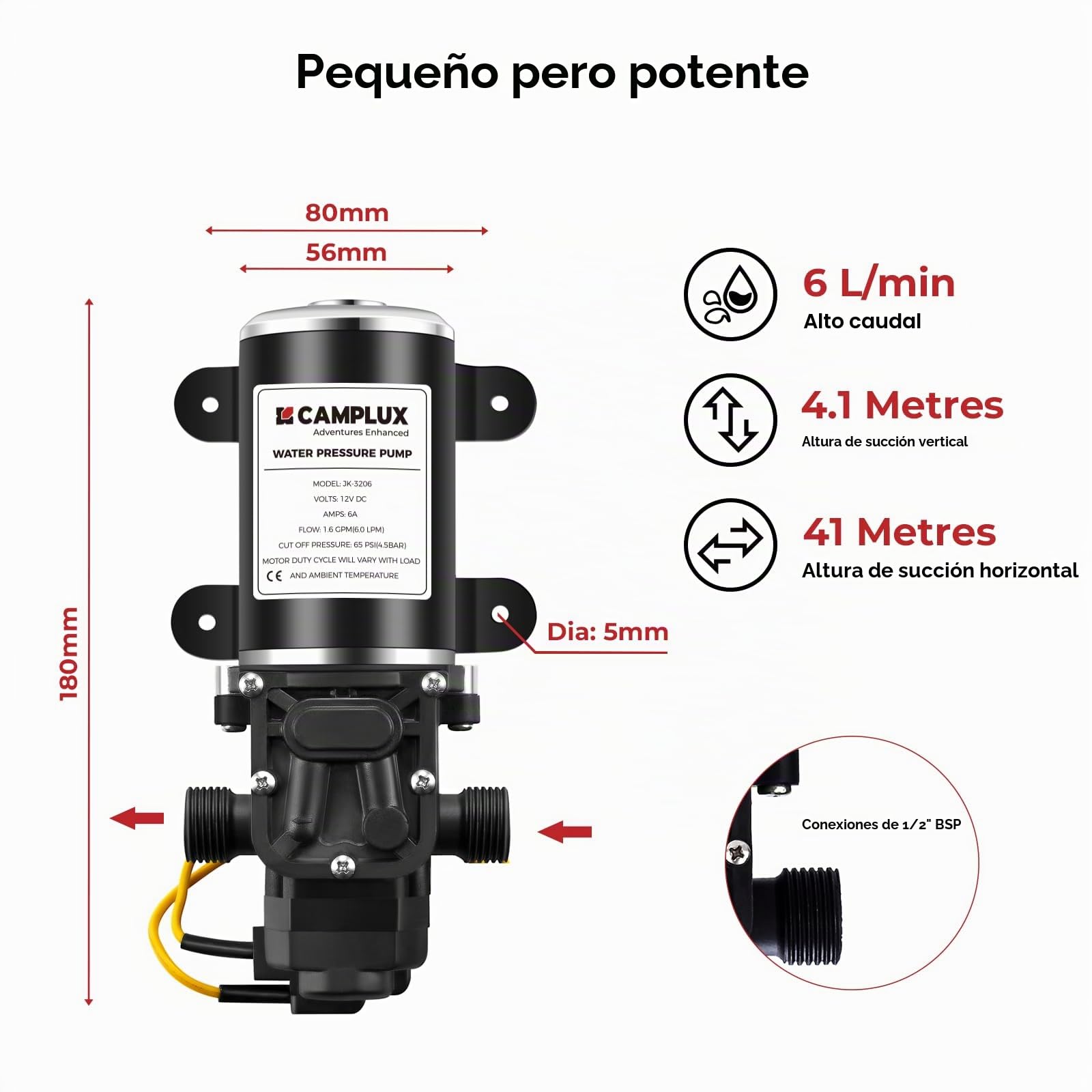 CAMPLUX Paquete de Bomba de Agua 6 Litros, 12 V CC, para RV/Jardí/Barco/Riego/Pulverización, 4,5 Bar/ 65 PSI