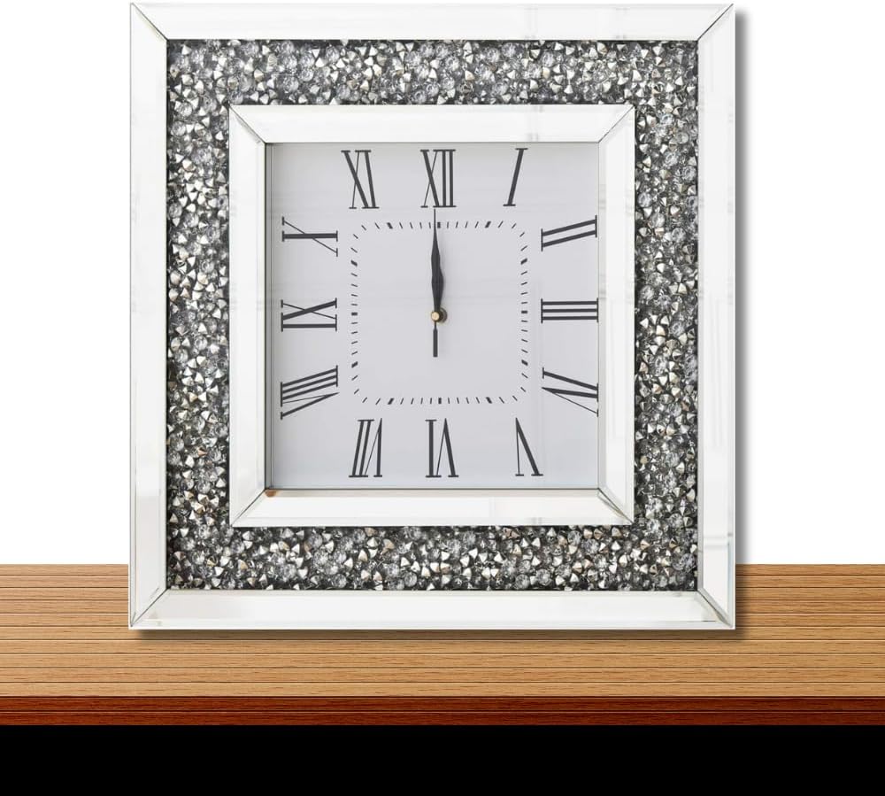 DEENZ SQUARE LOOSE DIAMANTE MIRRORED WALL CLOCK CRUSHED JEWEL ROMAN NUMBER GLASS CLOCK 35CM