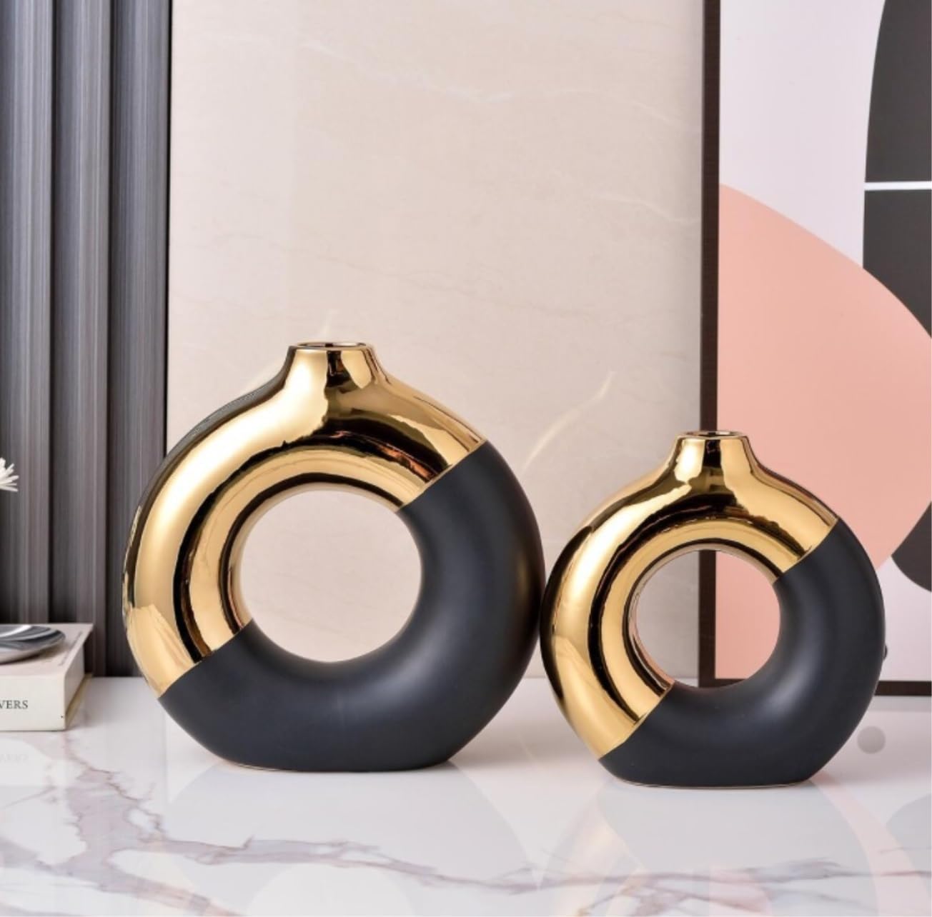 Wazon Dekoracyjny Ceramiczny Wazon Na Pączki Trawę Pampasową Nowoczesne Wazony Dekoracje Ślubne Do Salonu Dekoracja Domu(Black,20.5 * 20.5 * 7.5cm)