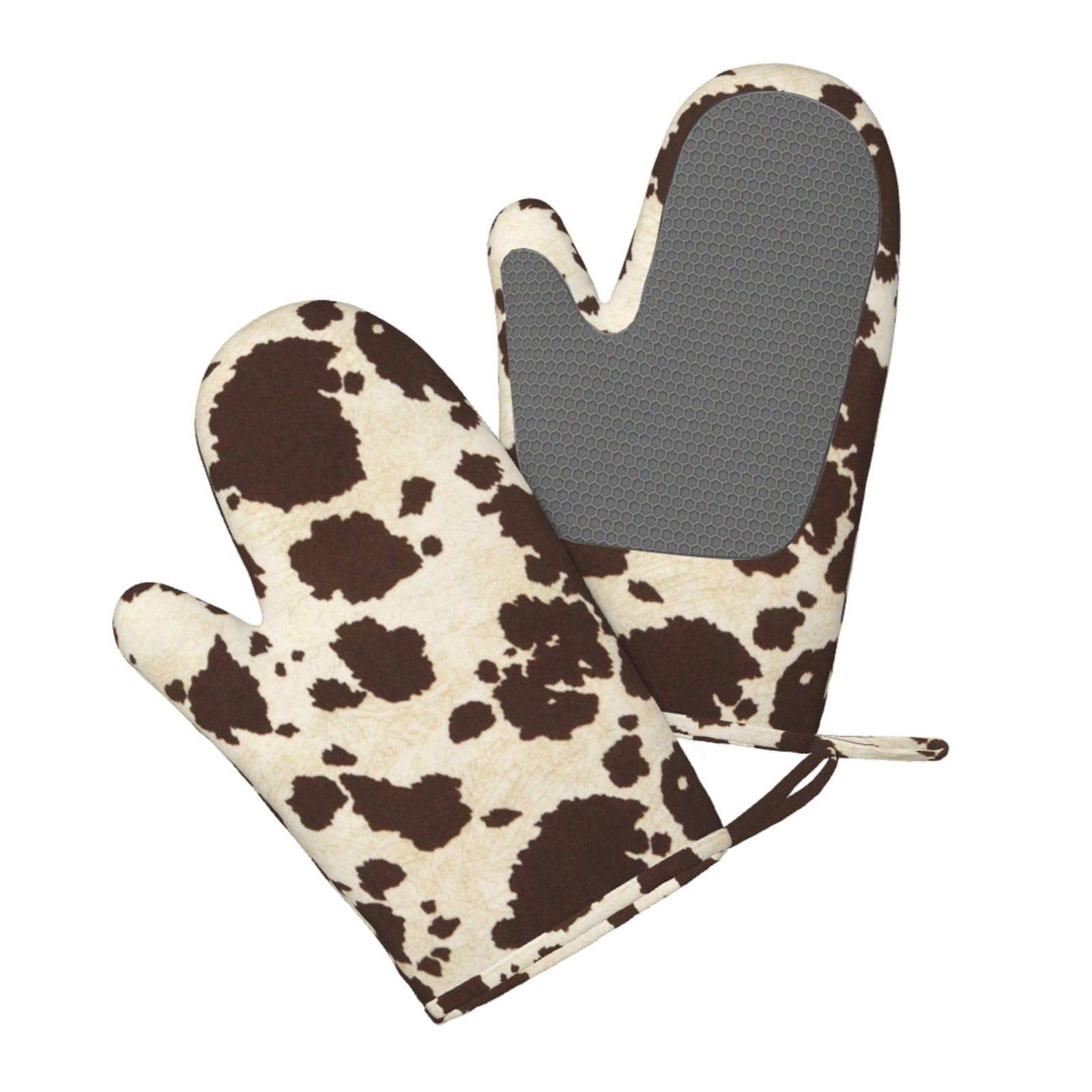 Aqrjlpo Women's Cow Printed Silicone Oven Mitts Set 2Pcs, Printed Heat Resistant Non-Slip Silicone Oven Gloves For Kitchen Cooking Baking Microwave