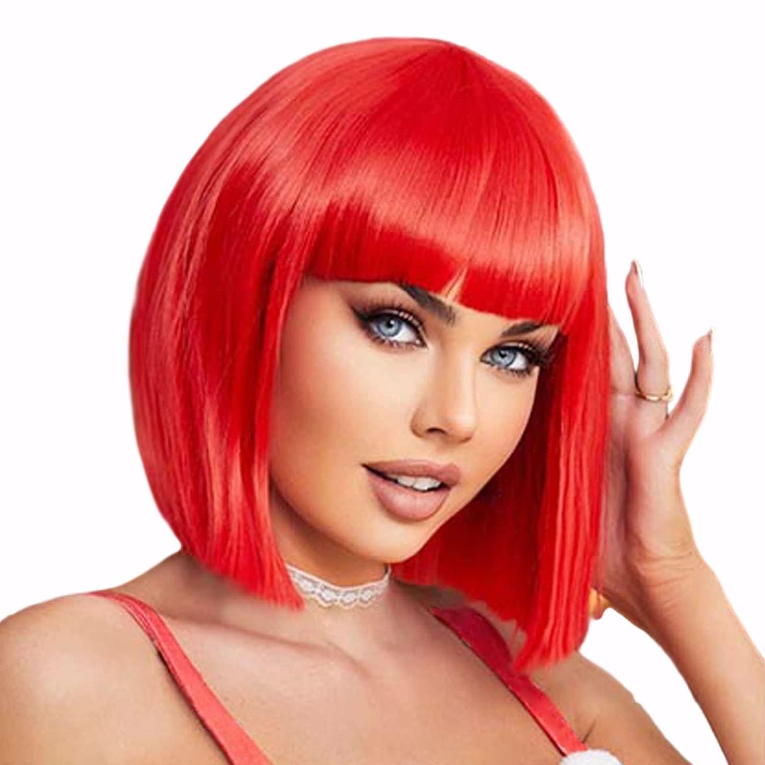 PORSMEER Short Hot Red Bob Wigs with Fringe For Unisex Womens Girls Natural Synthetic Hair Colorful Costume Cosplay Wig for Anime Halloween Fancy Dress Party+Wig Cap