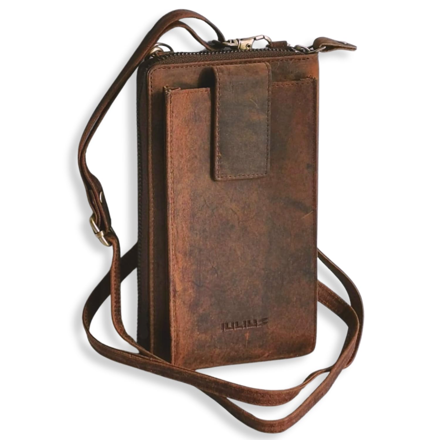 iulius Portefeuille en cuir véritable unisexe | Sac à bandoulière pour téléphone portable jusqu'à 7 pouces | Porte-cartes, portefeuille et porte-monnaie avec fermeture éclair | Sangle réglable, marron