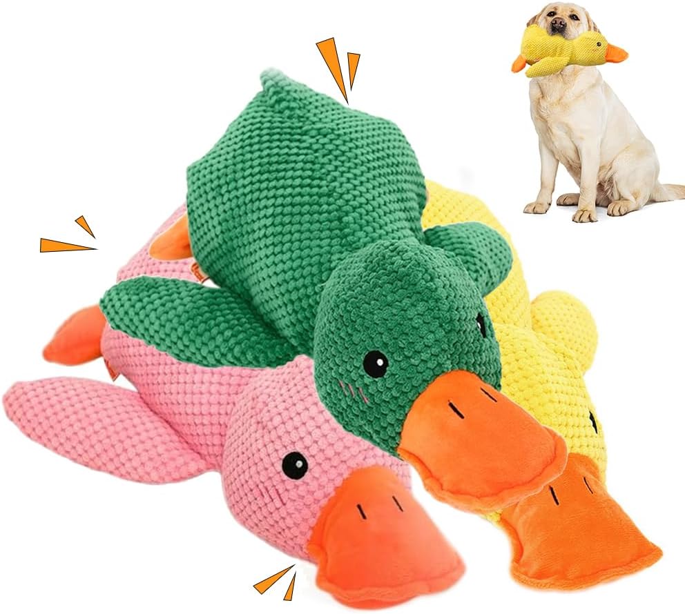 Dog Toys for Aggressive Chewers,Puppy Teething Toys,Indestructible Chew Toys for Small Large Dogs,Squeaky Plush Yellow Stuffed Duck Chew Toys for Dogs Indoor (Yellow+Pink+Green, Large)