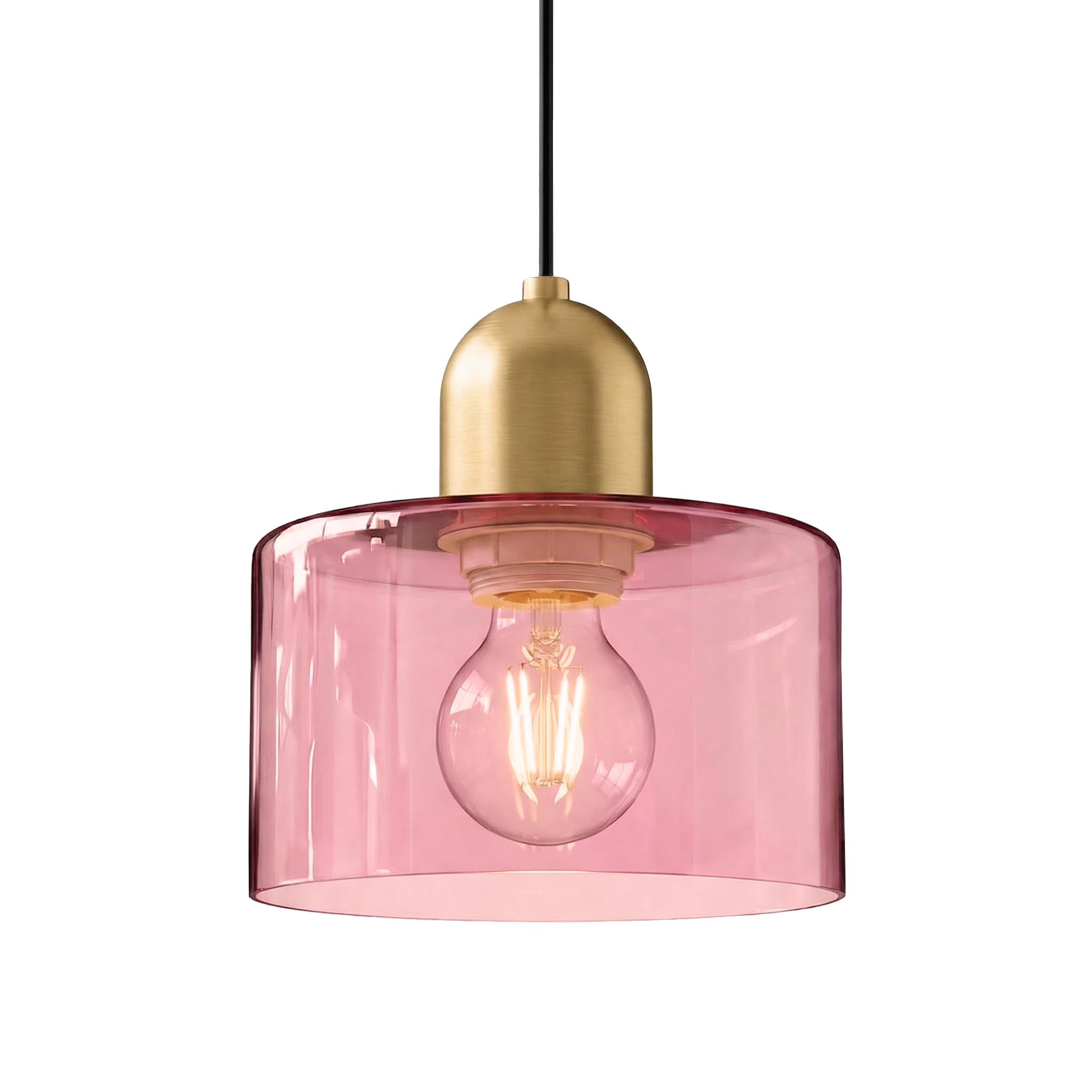 Lfsem Pink 20Cm Round Glass Pendant Light For Dining Room & Bedroom, Gold Metal E27 Pendant Ceiling Light Fixture For Kitchen Island & Living Room, Modern Retro Style (Pink)