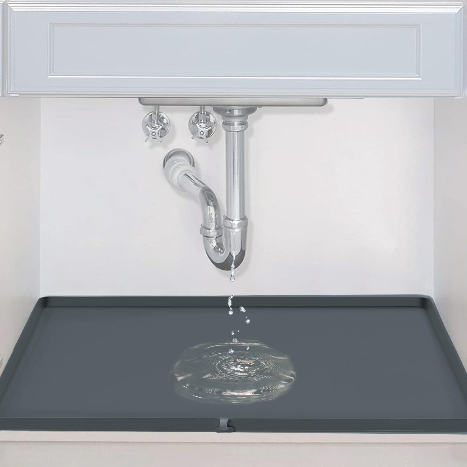 Tappetino sotto lavello con design unico con foro di scarico, 86,4 x 55,9 cm, in silicone, per lavello da cucina, bagno, tappetino e protezione per gocciolamenti e fuoriuscite