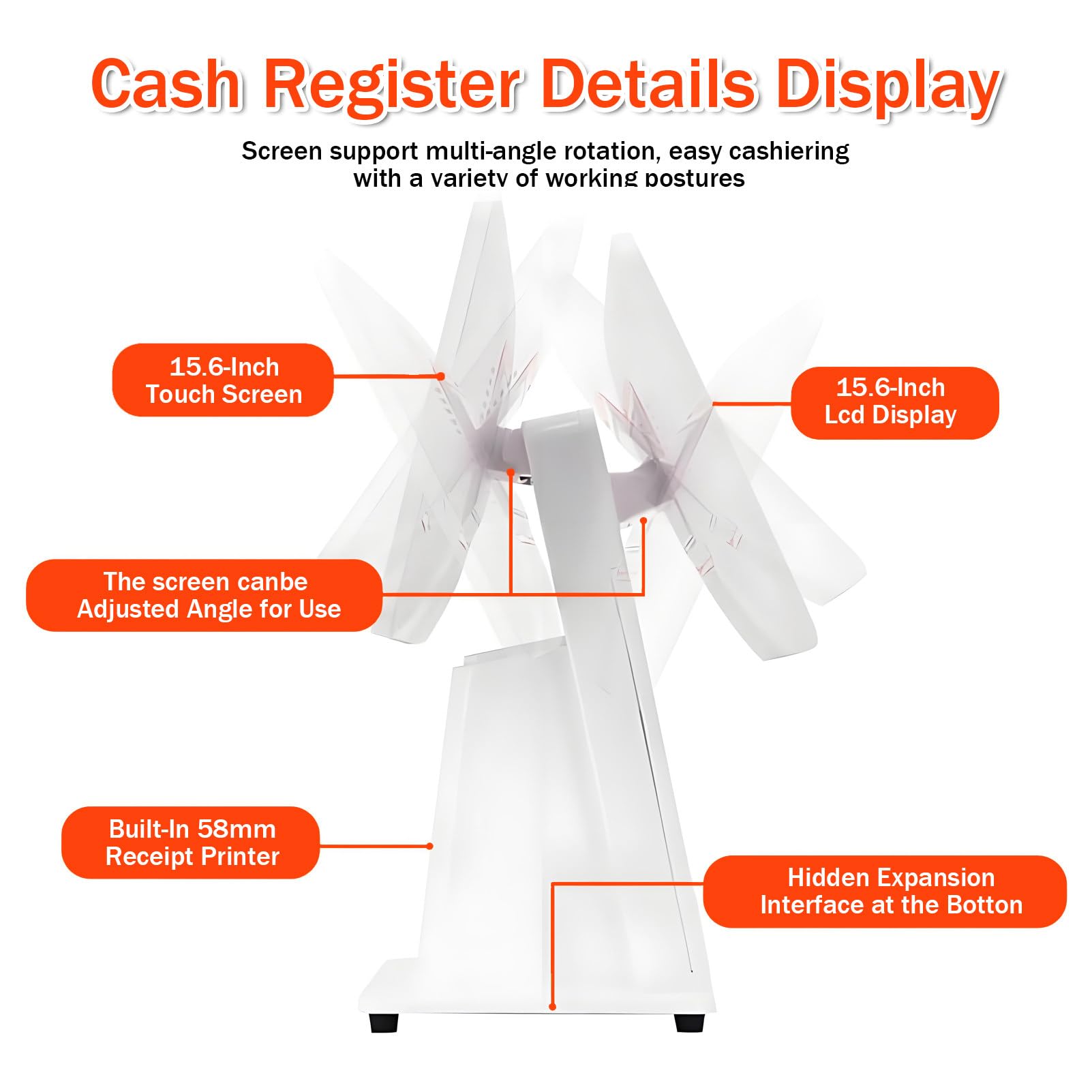 Sistema- TPV Profesional Todo en uno para pequeñas Empresas, Caja registradora con Pantalla táctil de 15,6" e Impresora de Recibos integrada, Pantalla para Clientes. White