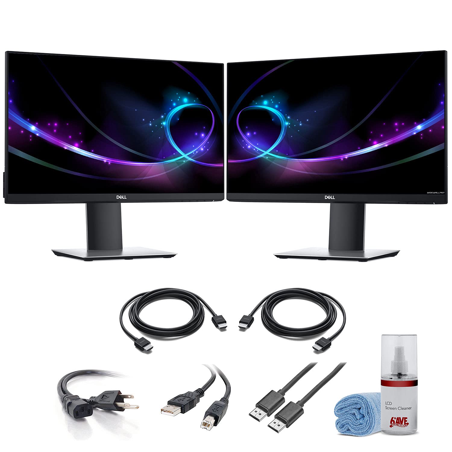 2 x Dell P2419H 24 Inch 16:9 Ultrathin Bezel IPS Monitor (P2419H) + 2 x HDMI Cable + LCD Cleaning Ki