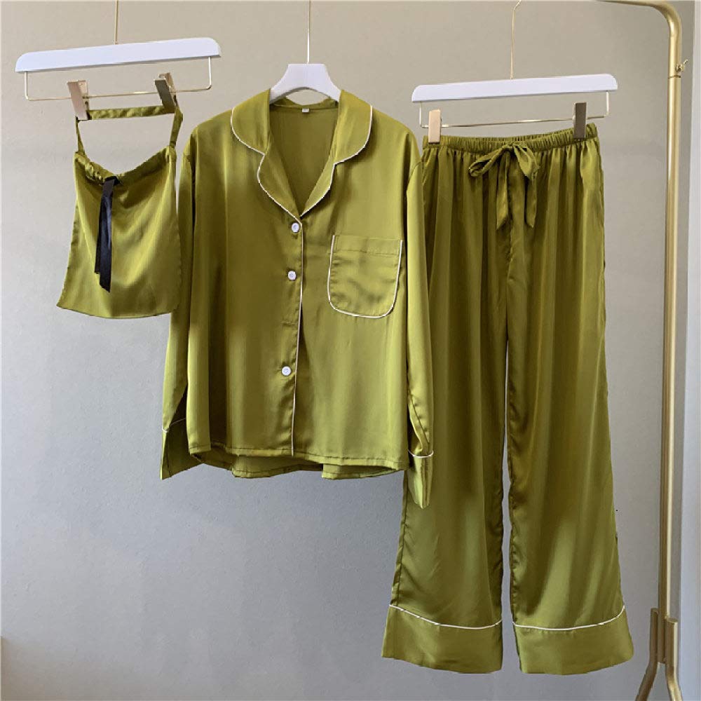 YUHOOE Pijamas De Mujer,Conjuntos De Pijamas Sexy De Satén De Seda para Mujeres Pijamas De Manga Larga De Lujo Europeo Ropa De Dormir Pijama con Botones 2 Piezas Pijama con Bolsa,Verde,L