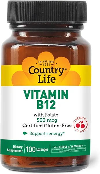 Country Life Vitamin B12 with Folate, Supports Energy & Red Blood Cell Production, 500mcg, 100 Lozenges, Certified Gluten Free, Certified Vegan, Certified Halal, Non-GMO Verified