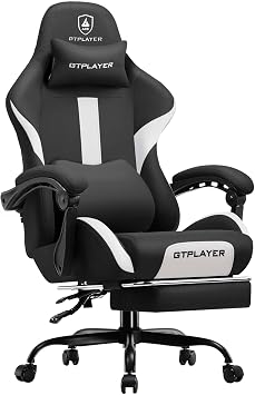 GTPLAYER Gaming Chair Ergonomic Office Chair with Foot Rest & Pocket Spring Cushion, High Back Computer Desk Chair with Headrest & Lumbar Support, Breathable Fabric Game Chair for Adults, Coal-Black