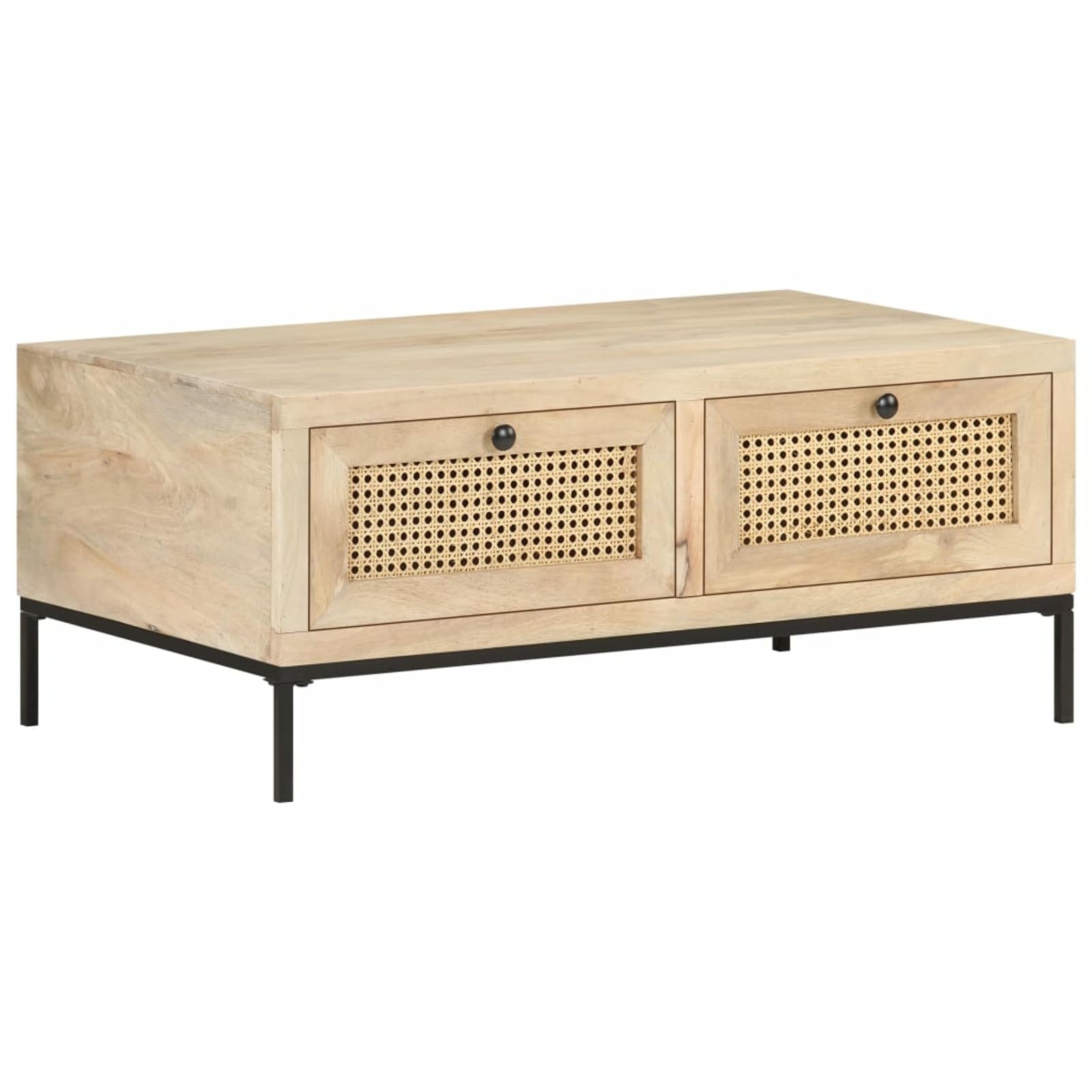 Homgoday Table basse 90 x 50 x 37 cm en bois de manguier massif et canne naturelle, table d'appoint pour salon, salle de réception d'invités, chambre à coucher et mobilier de bureau