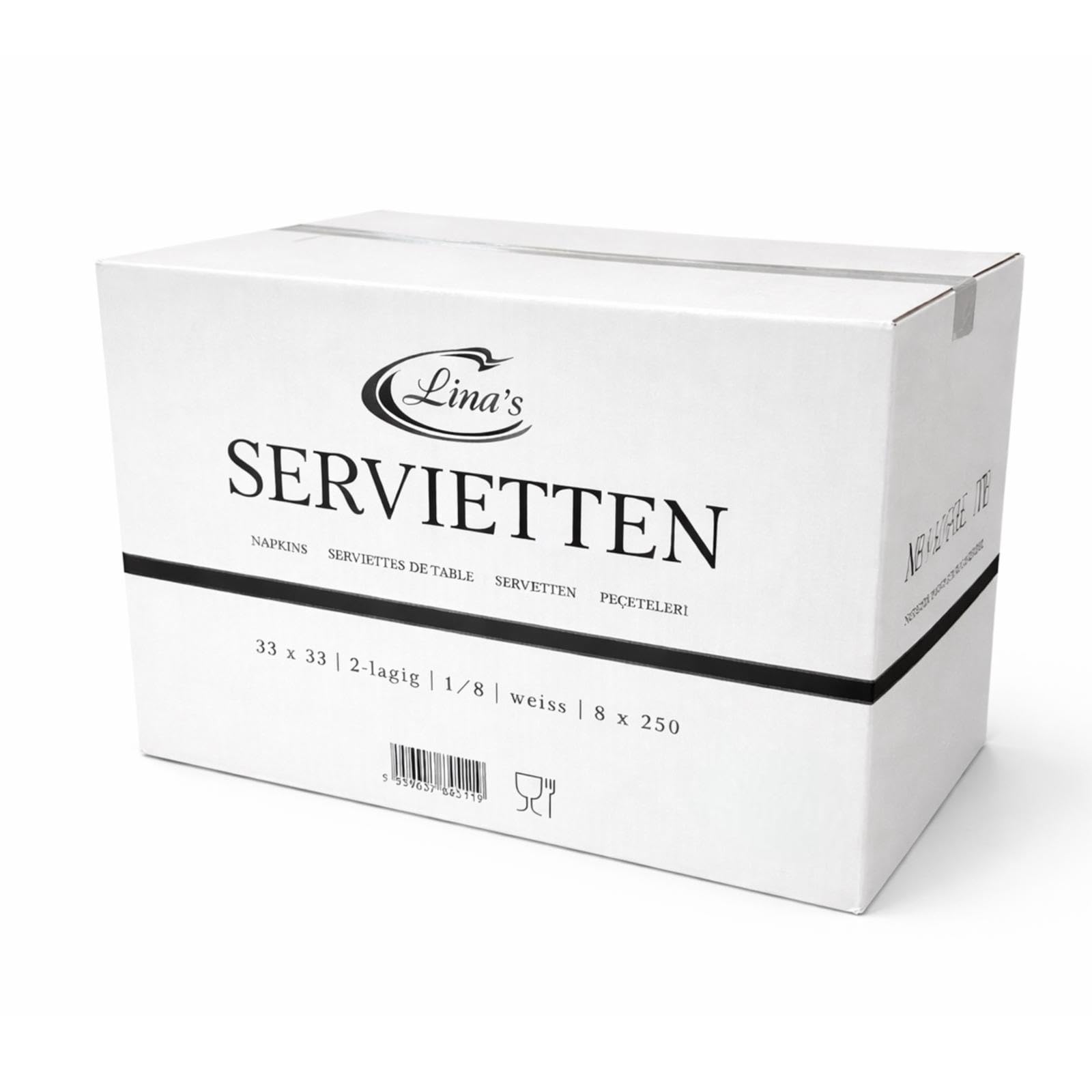 Servietten 33x33 cm Weiß – 2-lagig, 1/8 Falz – 8 x 250 Stück (2000 Servietten) – Gastronomie & Event