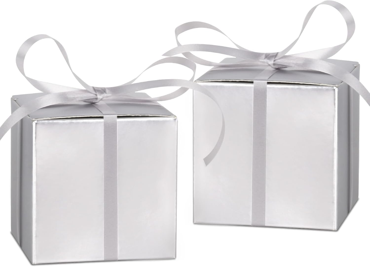 Adecortalk 100 Pcs Mini Silver Gift Boxes 2x2x2 Inches Small Party Favor Boxes Gift Candy Boxes with Lids & Ribbons for Birtyhday Wedding Baby Shower Graduation Bridal Shower Halloween Christmas Valentine Gifts