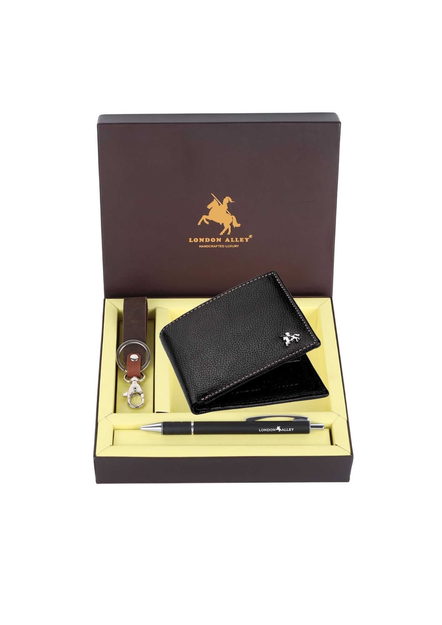 LONDON ALLEY Kevin Classic Black Leather Wallet, Keyring & Pen Combo Gift Set for Men | Gift Hamper for Men