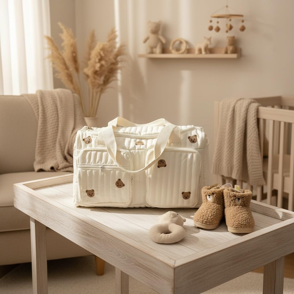 Baby Diaper Bag, Set of 2 (DUFFEL BAG + POUCH FULL BEARS) - Cream