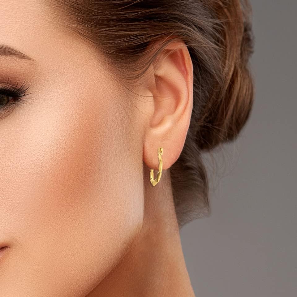 Dainty 14K Yellow Gold Textured Geometric Reversible Octagon Hoop Earrings (0.50") for Women