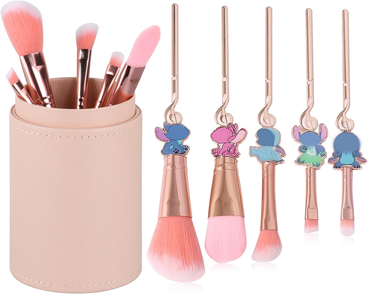 5 Pcs stitchs Makeup Brushes Set with Brushes Holder, Blue Big Eyes Alien Cartoon Makeup Brushes Set, Gifts for Women Girls
