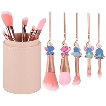 5 Pcs Makeup Brushes Set with Brushes Holder, Blue Big Eyes Alien Cartoon Makeup Brushes Set, Gifts for Women Girls