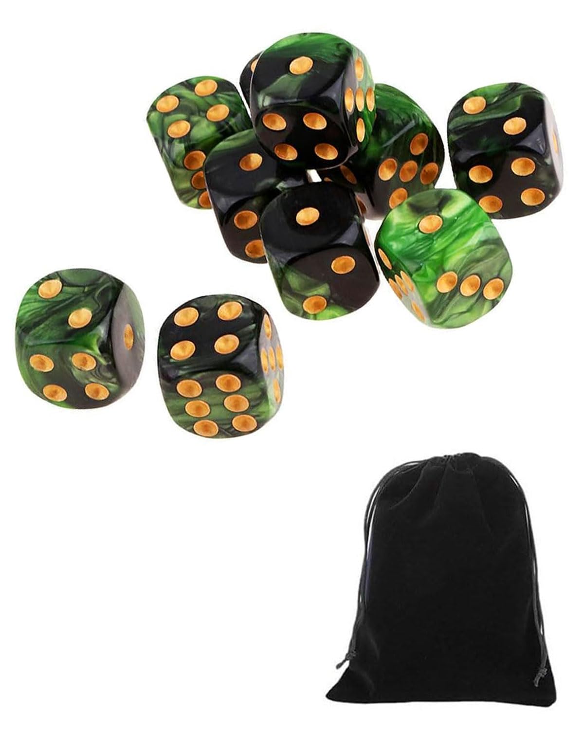 10 PCS Dados,16mm D6 Dados de Rol,Juego de Dado con Bolsa de Terciopelo para juegos de Rol,Mesa,Dice Football,Lecciones de Matemáticas(Negro-Verde)