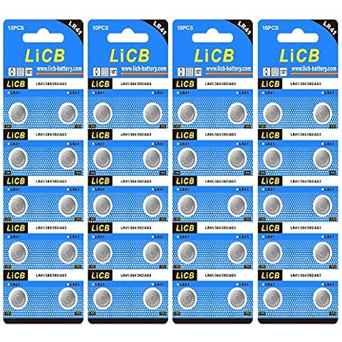 LiCB 40 Pack LR41 AG3 392 384 Batteries,Long-Lasting & Leak-Proof,High Capacity 1.5 Volt LR41 Coin & Button Cell Battery for Digital Thermometer Ornament Hearing Aid Led Watch Cover