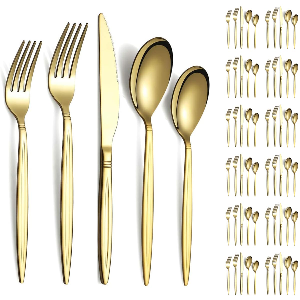 Evanda Gold Silverware Set 60 Piece Service for 20, Titanium Gold Plated Stainless Steel Flatware Set, Knives Forks Spoons Cutlery Set for Wedding, Birthday, Restauroom, Parties, Dishwasher Safe