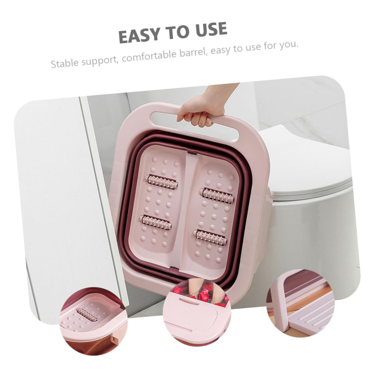 Cubo para Baño de Pies Plegable Grande Rodillos PP Rosa | Cubo para Remojar Pies, Baño de Pies Masaje Automático, Fácil de Guardar, para Familia y Viajes