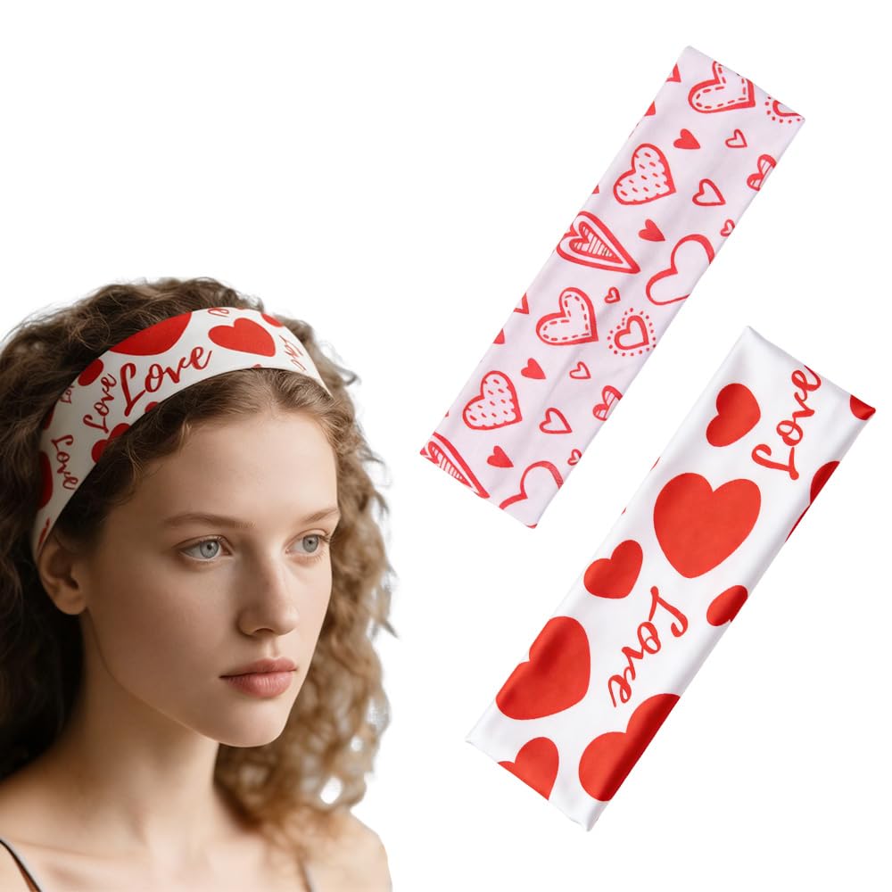 Valentines Day Headband for Women Love Heart Print Elastic Headband Non Slip Red Hairbands for Short Long Hair Soft Fabric Headbands for Face Washing