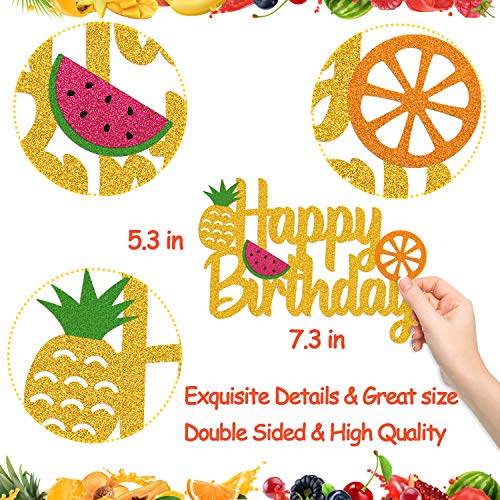 Fruit Cake Topper Happy Birthday Sign Pineapple Lemon Watermelon Orange Summer Theme For Baby Boy Girl Birthday Party Supplies Double Sided Gold Sparkle Decor #TOP1
