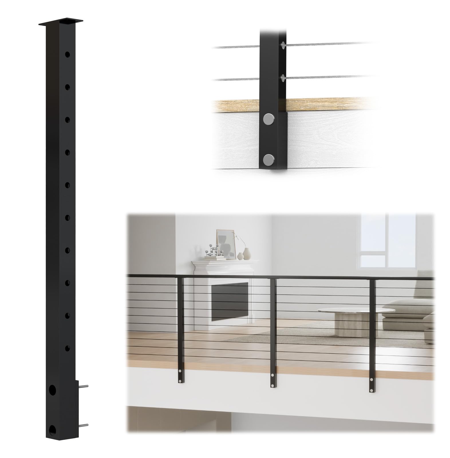 muzata black side mount cable railing post 36 inch 36"x2"x2" level drilled space-saving stainless steel cable railing system kit indoor outdoor with user guide pf02 bh4s