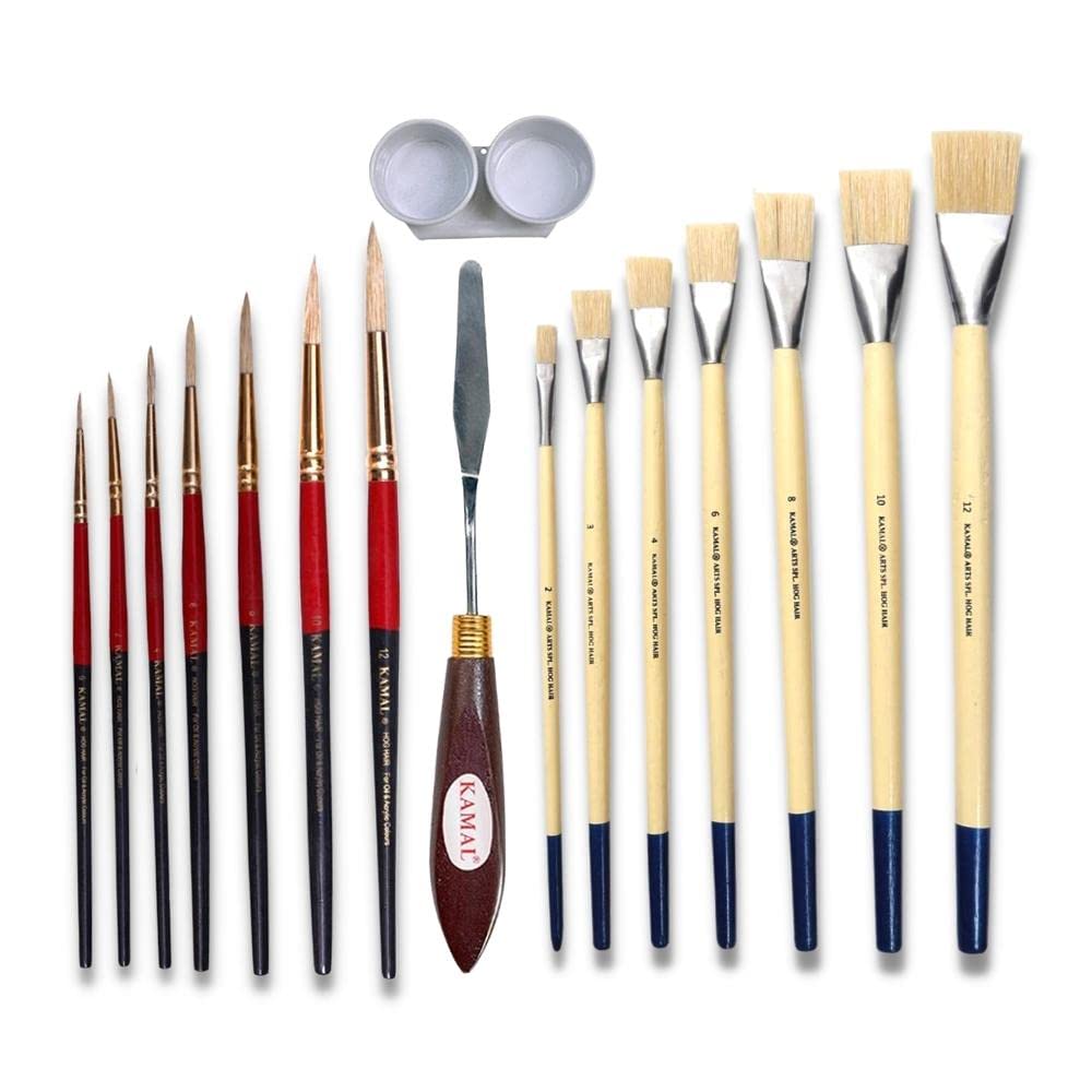 KAMAL Artist Quality Oil Painting Tool Kit with Flat(Banner) and Round Hog Hair Brushes, Painting Knife and Double Dipper for Oil, Acrylic, Poster, Fabric, Encaustic Painting