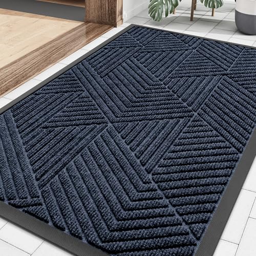 Image of Smiry Front Door Mat Outside Entrance, Heavy Duty Sturdy Natural Rubber Doormat, Trap Dirt and Moisture, Easy Clean Low Profile Mats for Indoor Outdoor Entry, Irregular Triangle (29.5x17, Navy Blue)