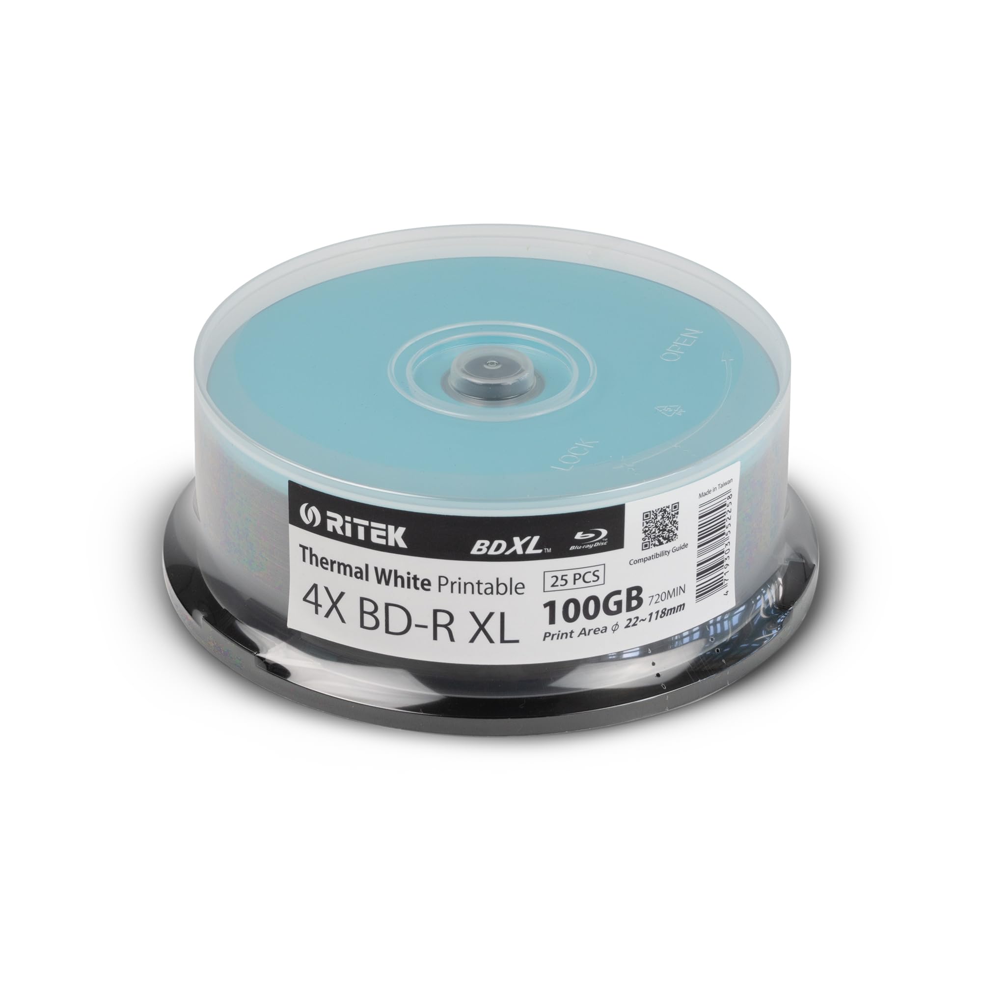 Ritek BD-R XL BDXL Lot de 25 supports d'archivage 100 Go Triple couche 4X Logo Top Thermal Inscriptible Disques dans une broche