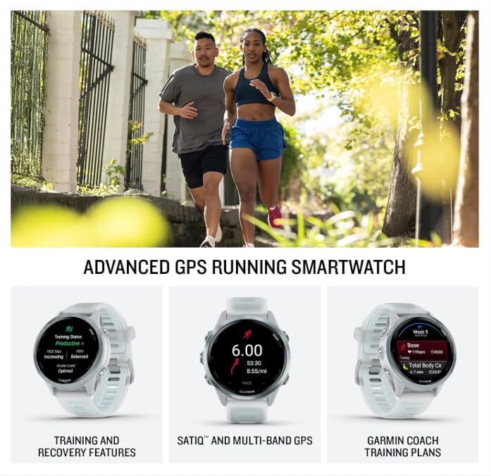 Image of Garmin Forerunner 570 42mm Advanced GPS Running & Triathlon Smartwatch AMOLED Display Training & Recovery Cloud Blue Aluminum w /Translucent Whitestone /Cloud Blue Band w /Wearable4U White EarBuds Bundle