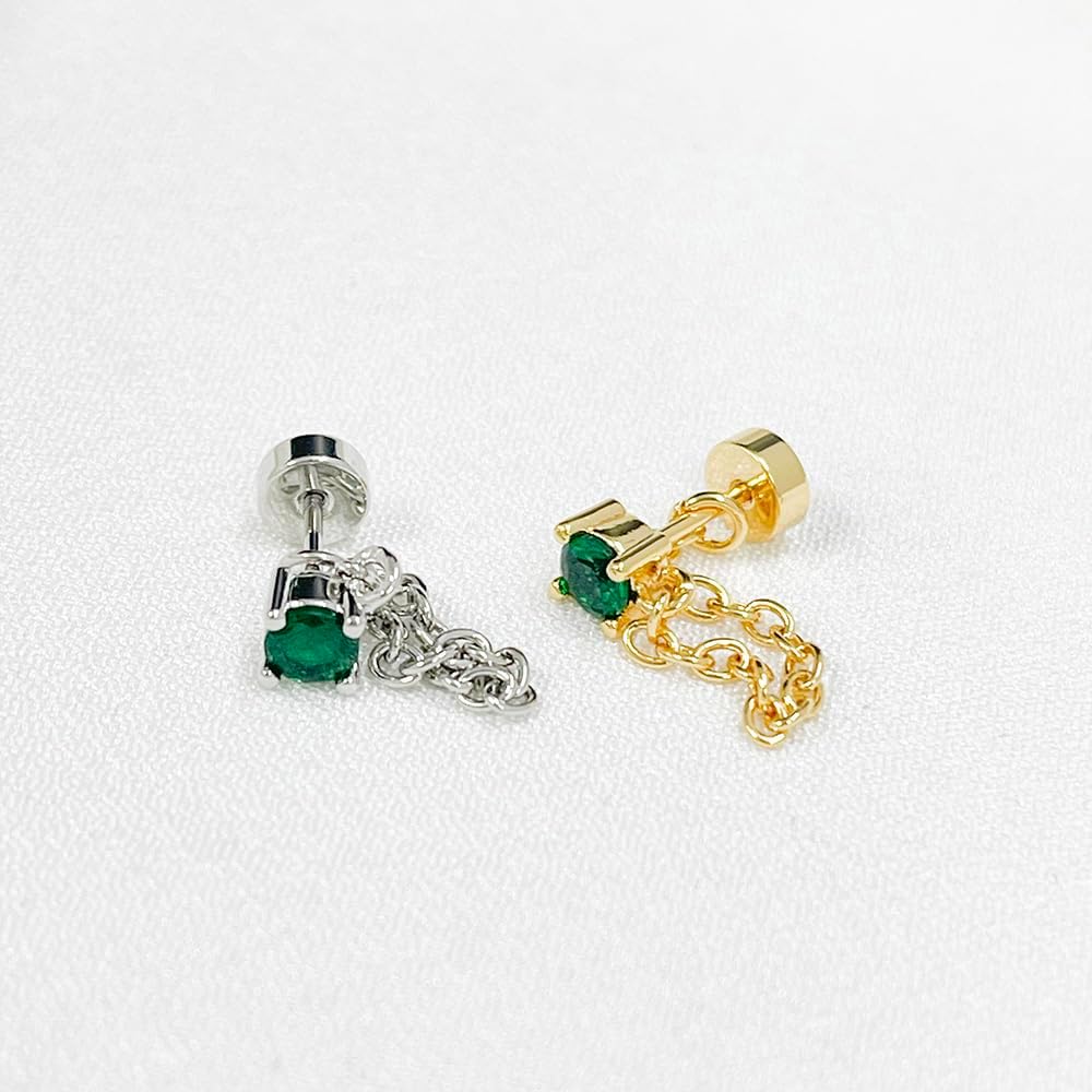 20G Emerald CZ Chain Dangle Cartilage Stud Earrings for Women Stainless Steel Conch Helix Tragus Flat Back Earrings Studs Labret Lip Rings Cartilage Piercing Jewelry - Image 5