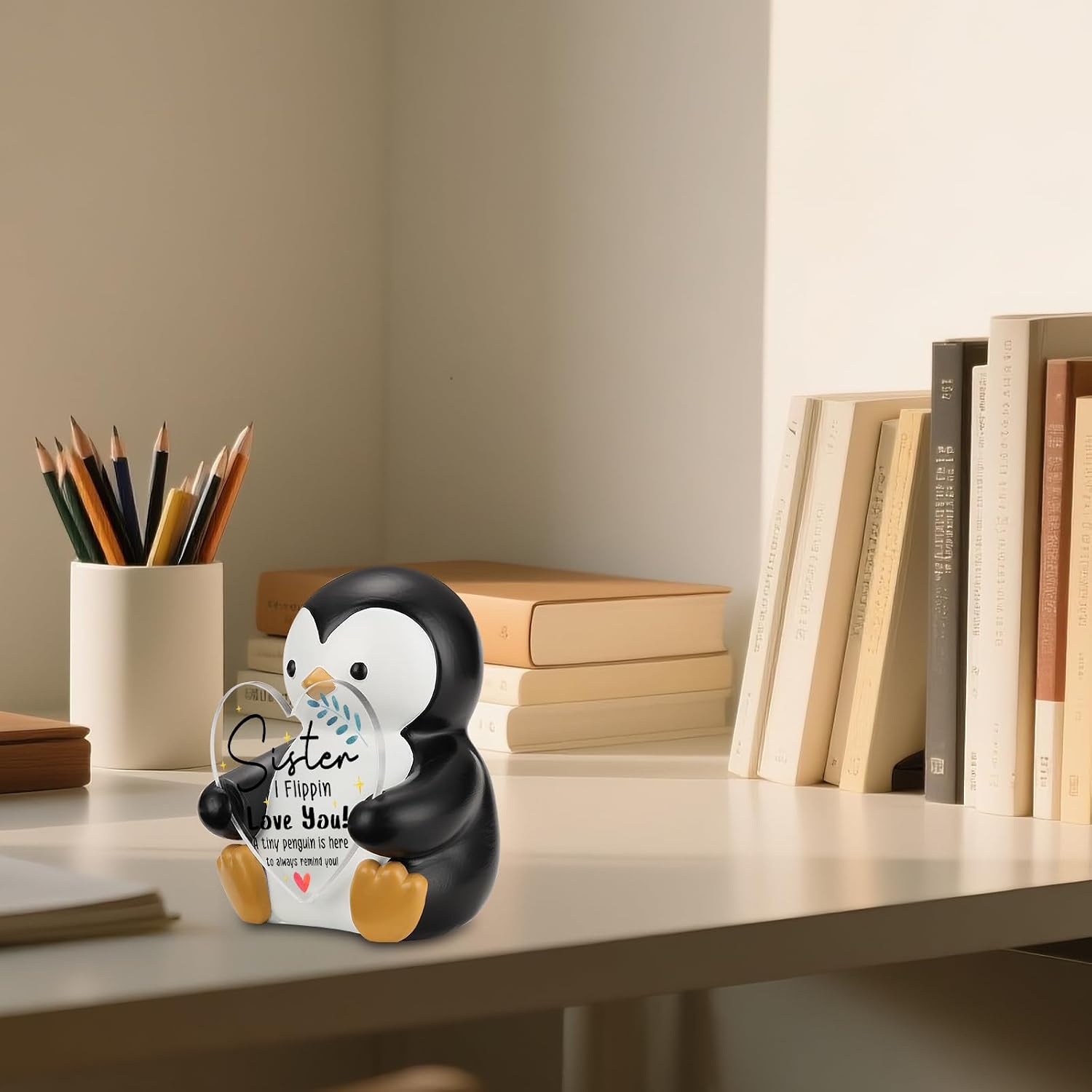 Sister Penguin Figurine with Heart Acrylic Plaque, I Flippin Love You Inspirational Desk Sign, Cute Penguin Gift for Sister, Sentimental Birthday Christmas Keepsake, Office Home Decor PF016 image 5