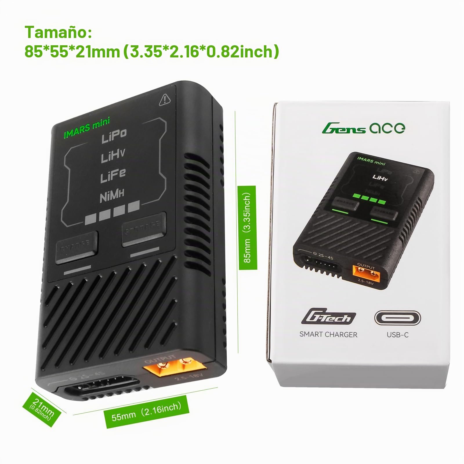 Gens ace IMARS Mini Cargador Inteligente RC LiPo 2-4S 60W USB-C – SIN Adaptador de Corriente | Cargador Portátil para Baterías RC