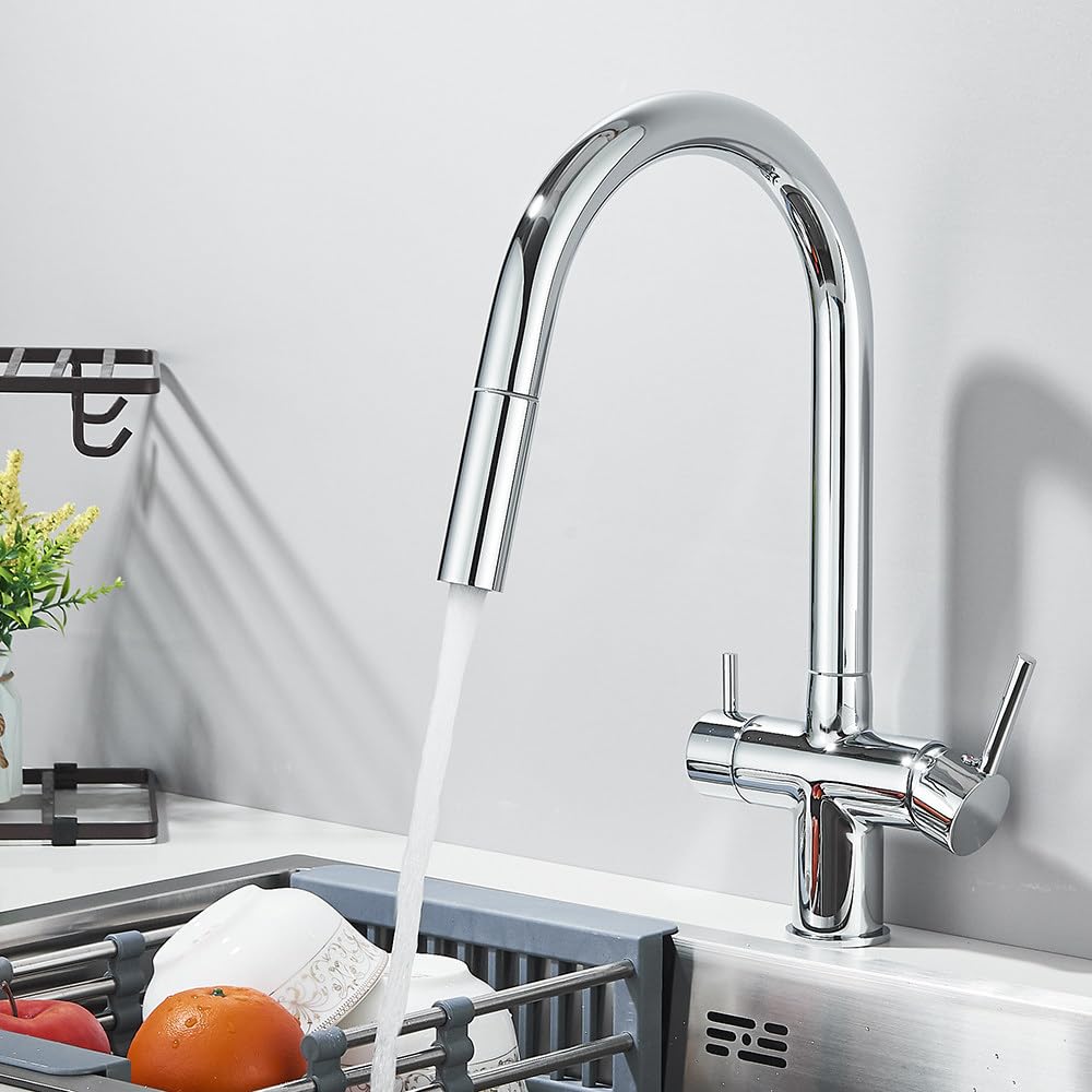 Mitigeur cuisine extraction purification gris avec douchette flexible et double poignée