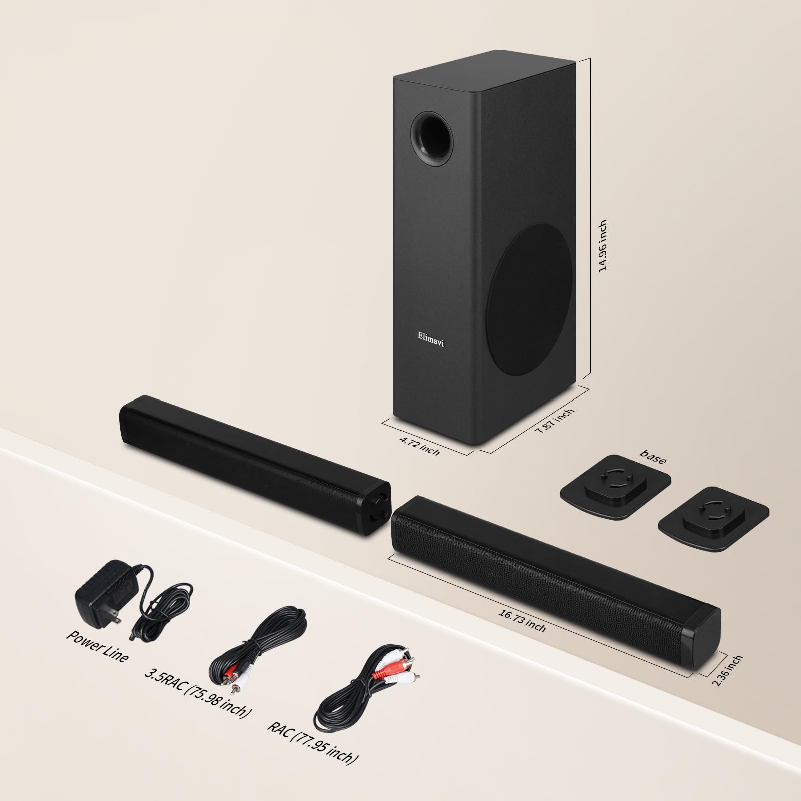 Elimavi Barra de sonido con subwoofer de 5.5 pulgadas, sistema de sonido envolvente desmontable 2 en 1, 2.1 canales, Bluetooth 5.3 y RCA, para TV, juegos de PC y cine en casa