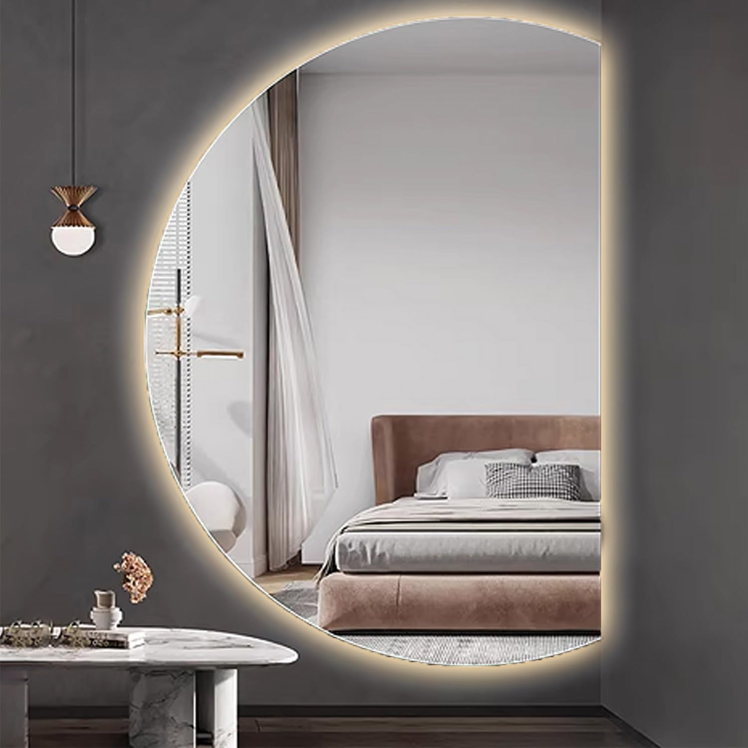 120 cm podświetlane lustro łazienkowe w stylu retro, 130 cm, ściemniane, półokrągłe, 3 kolorowe światła, przeciwmgielna, integralna konstrukcja (lewe półkole, 120 x 80 cm)