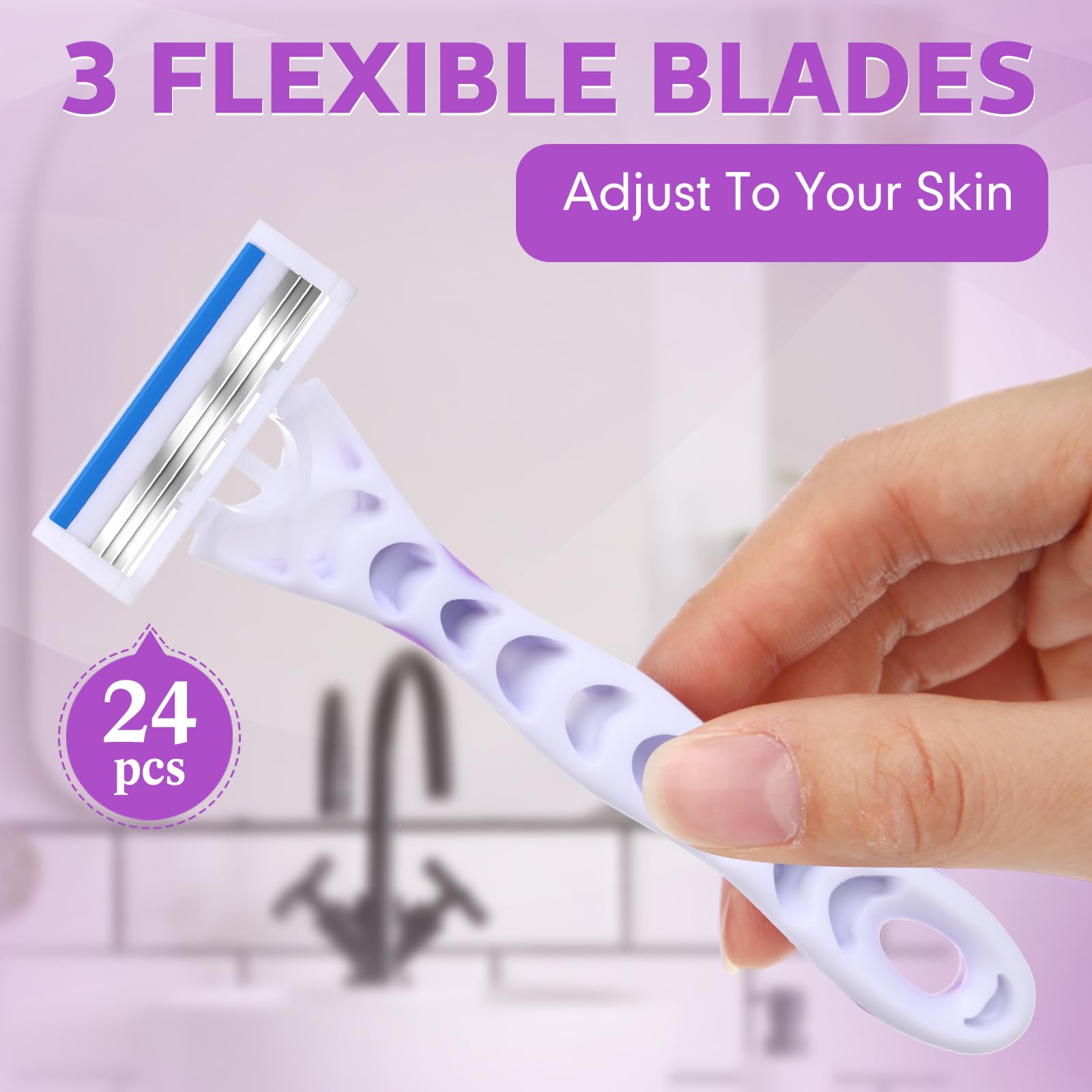 48 maquinillas de afeitar desechables para mujer, a granel, color morado, 3 cuchillas para mujer, piel sensible, línea de bikini, maquinilla de afeitar de viaje para mujeres, baño, hotel