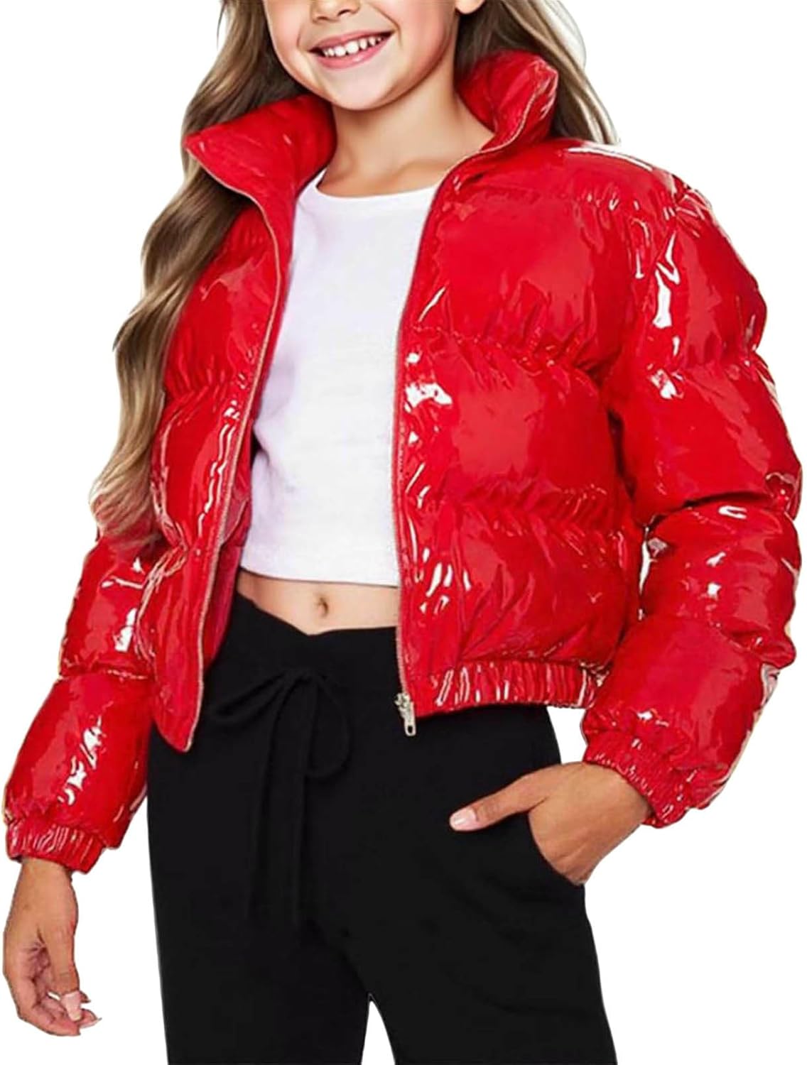 Toddler Girls Shiny Puffer Jacket Down Winter Coats Zip Up Cropped Padded Warm Outerwear for Kids 1-10 Years