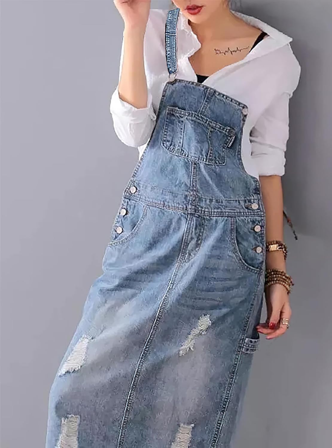 chouyatou Women's Adjustable Strap Distressed Denim Overall Dress A-Line Pinafore Jean Dress with Split - Image 6