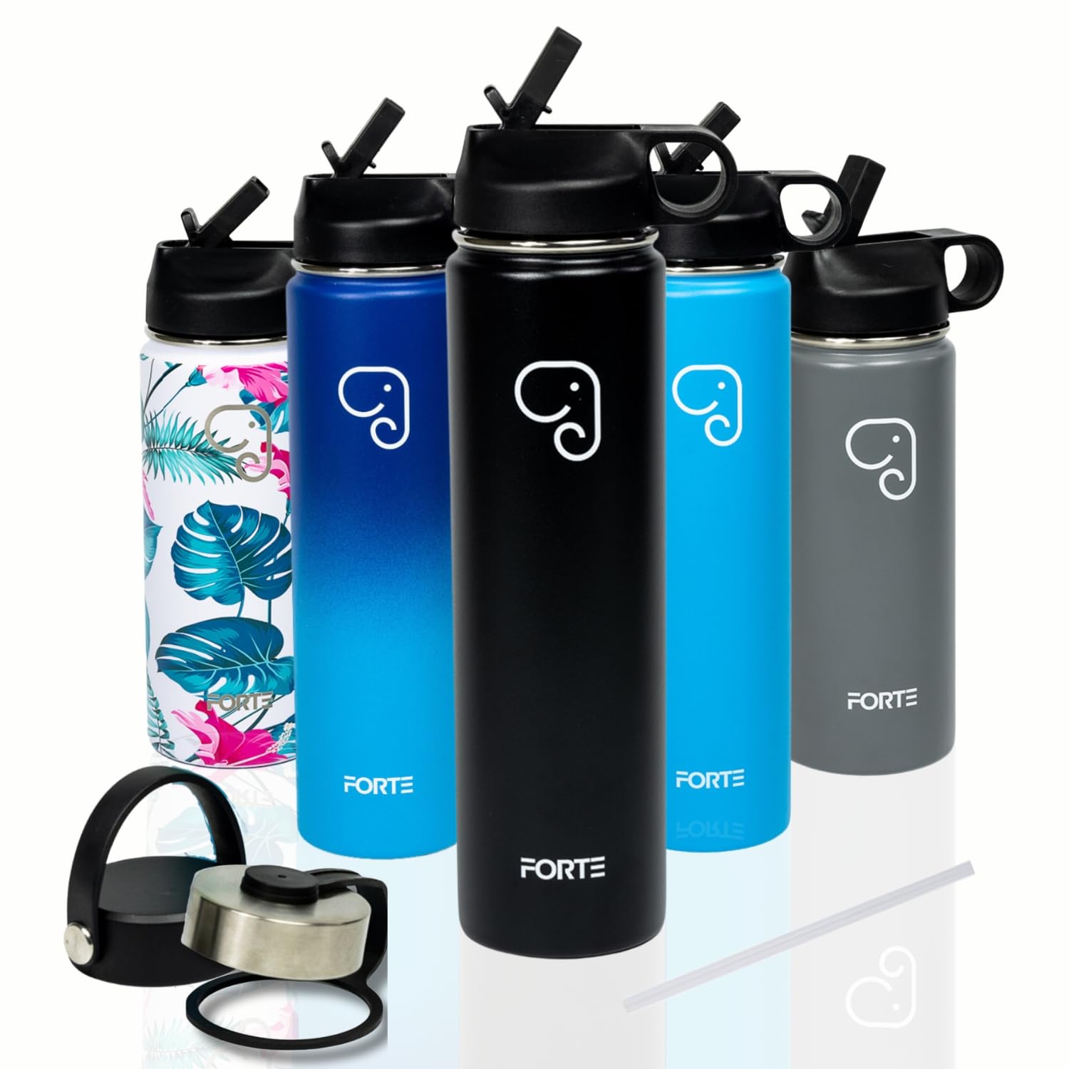 FORTE Insulated Stainless Steel Water Bottle - Reusable and BPA-Free Water Jug with Leak Proof Lid- Available in Aesthetic Designs - Perfect for Gym, Office and Everyday Use (Black 24 OZ/700 ML)