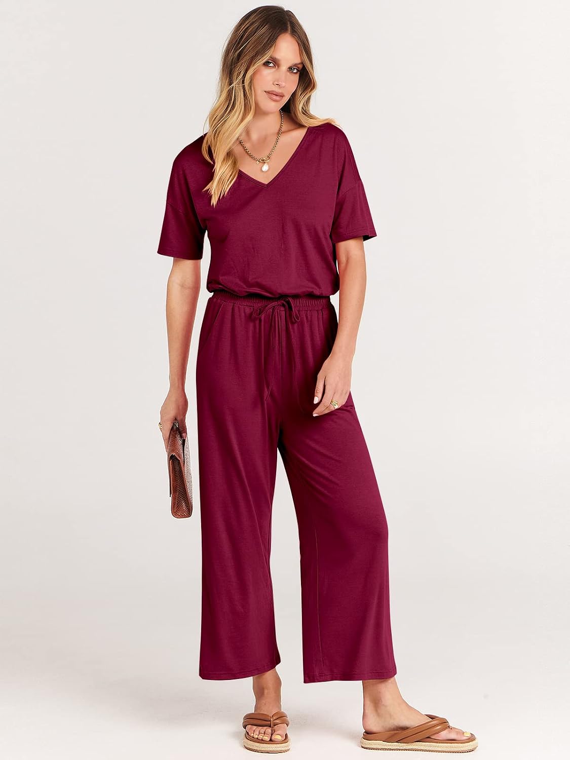 ANRABESS Women Summer Casual Short Sleeve V Neck Elastic Waist Wide Leg Cropped Pants Jumpsuits Rompers with Pockets