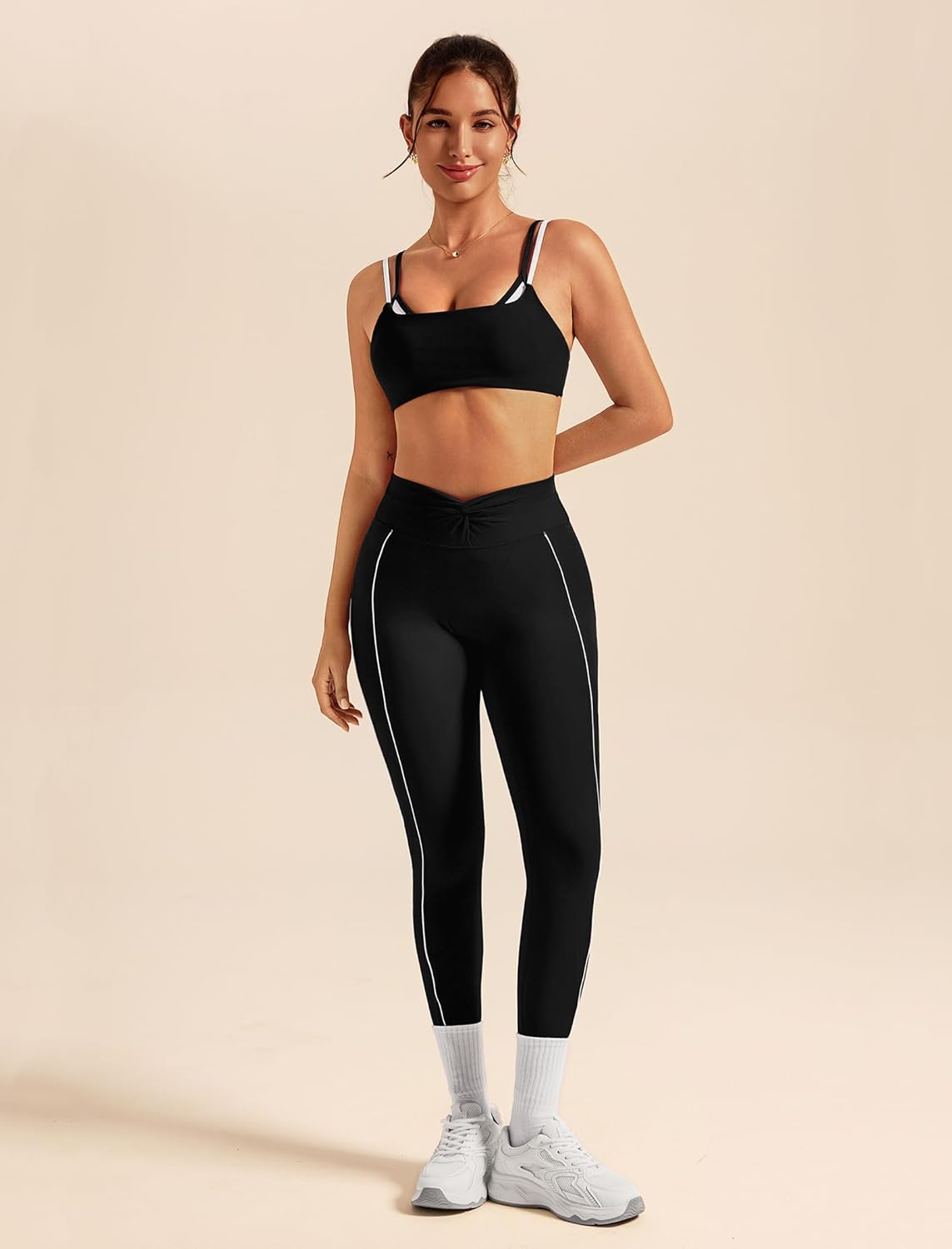 ABOCIW Workout Workout Sets Color Block Twist Back Layered Sports Bra Twist Waist Leggings Gym Yoga Outfits - Image 4