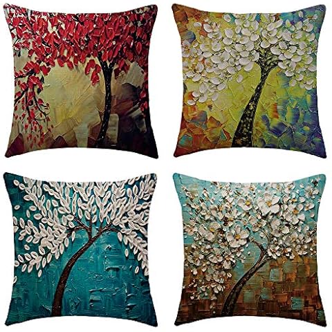 WFLOSUNVE Oil Painting Tree Throw Pillow Covers 18x18 Inch Set of 4, Faux Linen Decorative Cushion Cases for Couch and Sofa Cover
