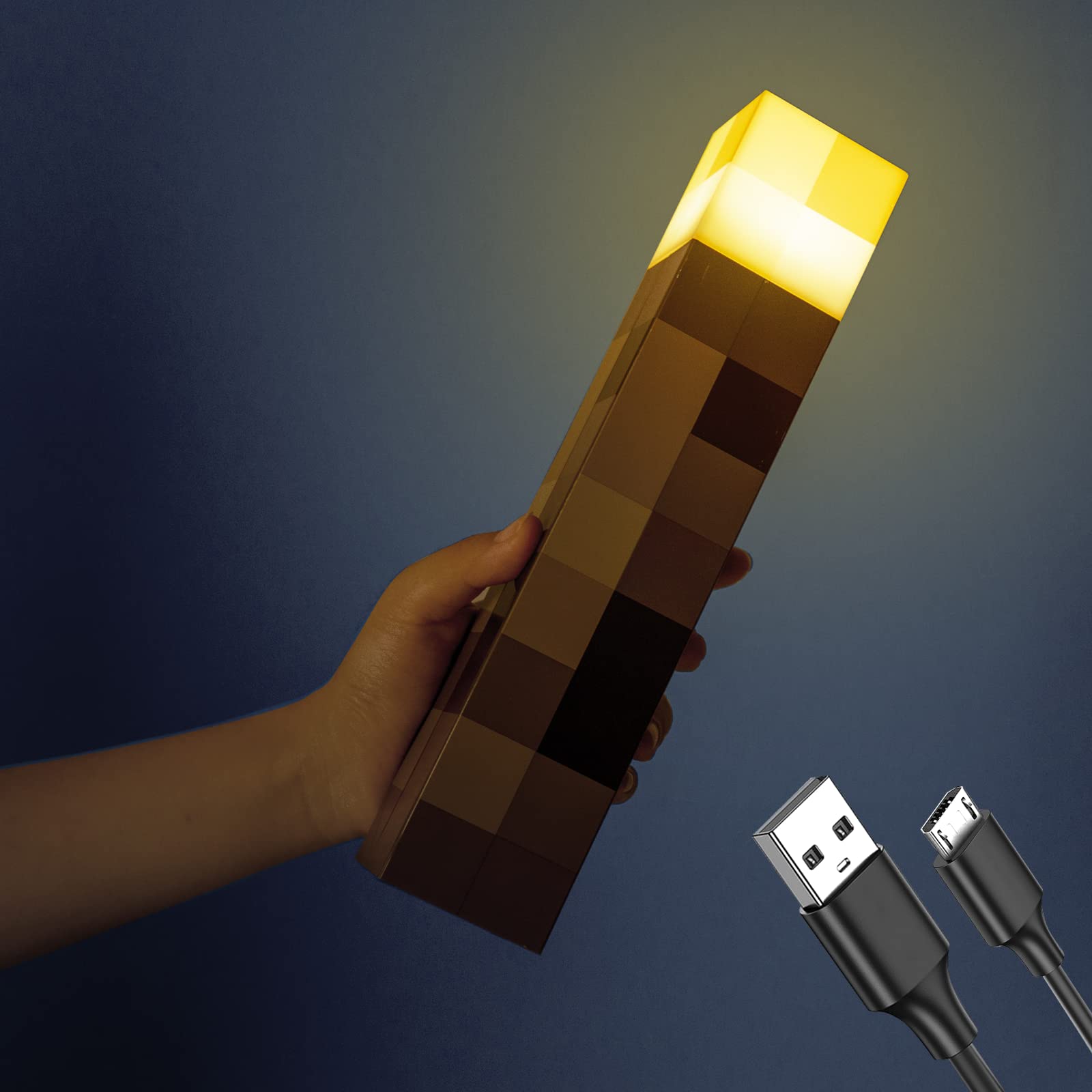 Pixels Brownstone Torch Light with Wall Mountable, 11 Inch LED Night Light, USB Rechargeable for Torch Lamp, Kid's Bedroom Living Room Gaming Room Decoration, for Costume Cosplay Role Play